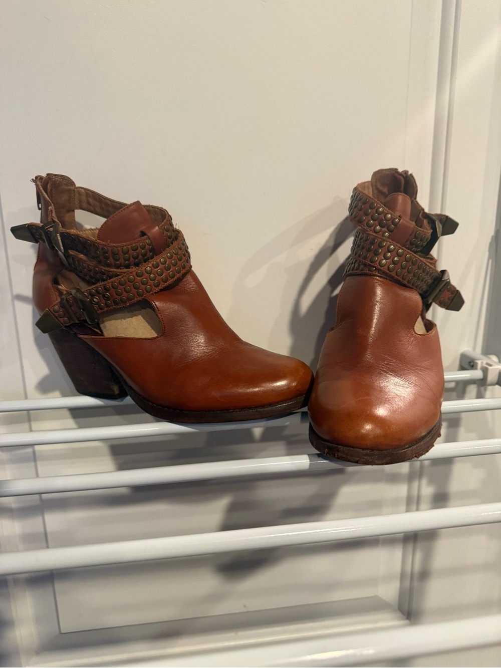 Jeffrey Campbell Cognac Leather Studded Strap Cutout Ankle Boots